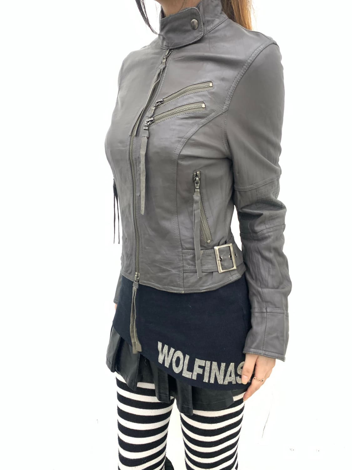 Ash gray leather fringe lambskin jacket  상품이미지1
