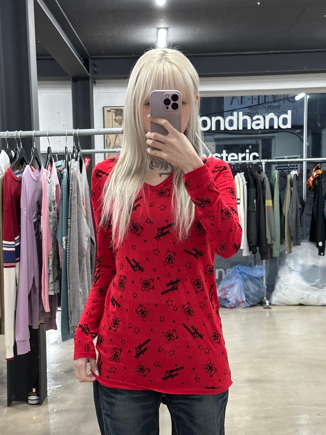 히스테릭 글래머 퍽베어 풀자수 브이넥 니트 롱슬리브 상품이미지1