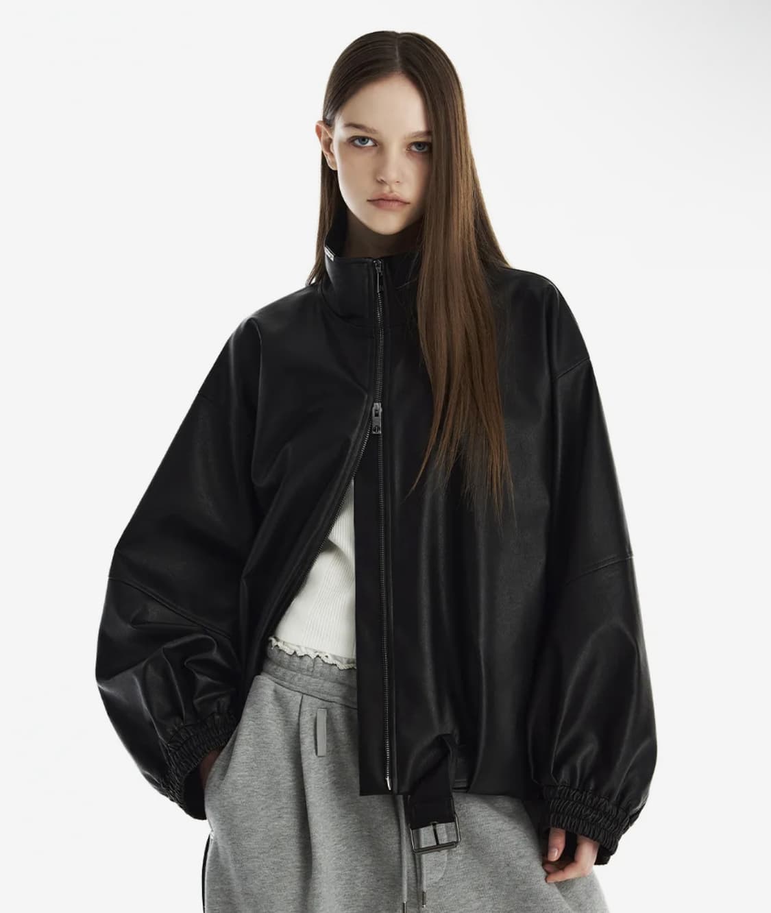 트리밍버드 벨트 오버사이즈 레더 블루종 자켓 상품이미지2