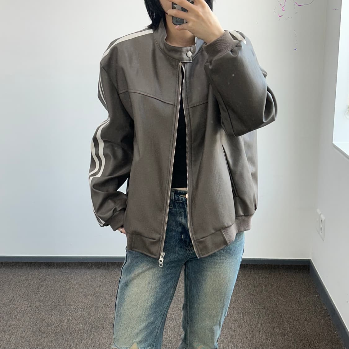 애쉬 브라운 트랙 바이커 레더자켓 상품이미지2