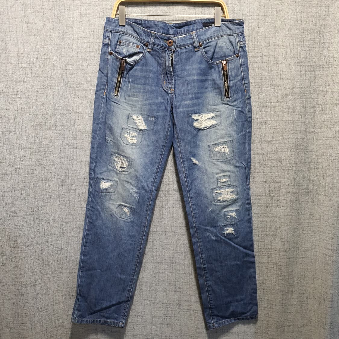 시스템 지퍼 디테일 데님 청바지 데미지진 스타일  상품이미지1