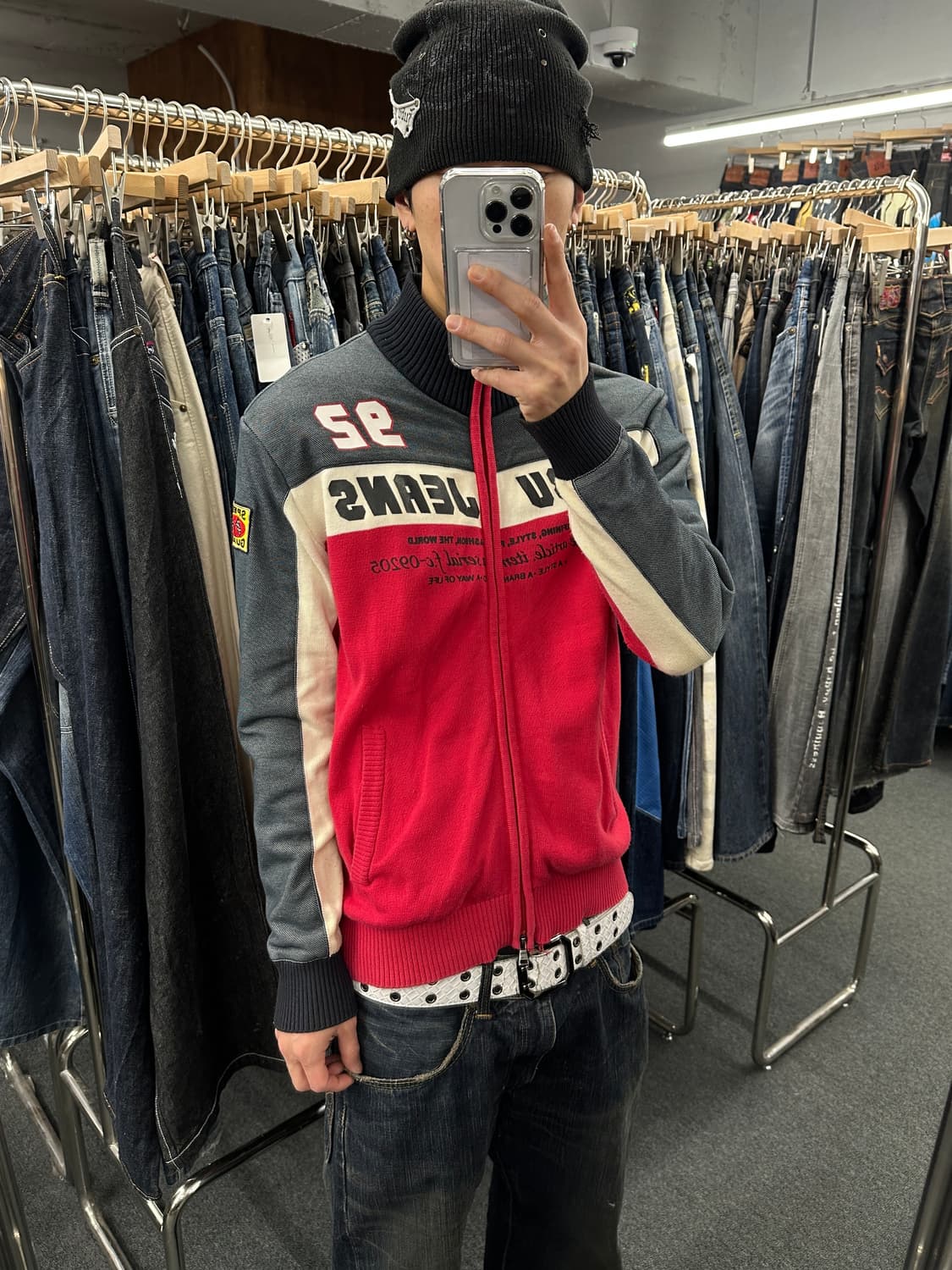 L) 후부 진스 올드스쿨 y2k 레이싱 니트집업 저지 상품이미지1