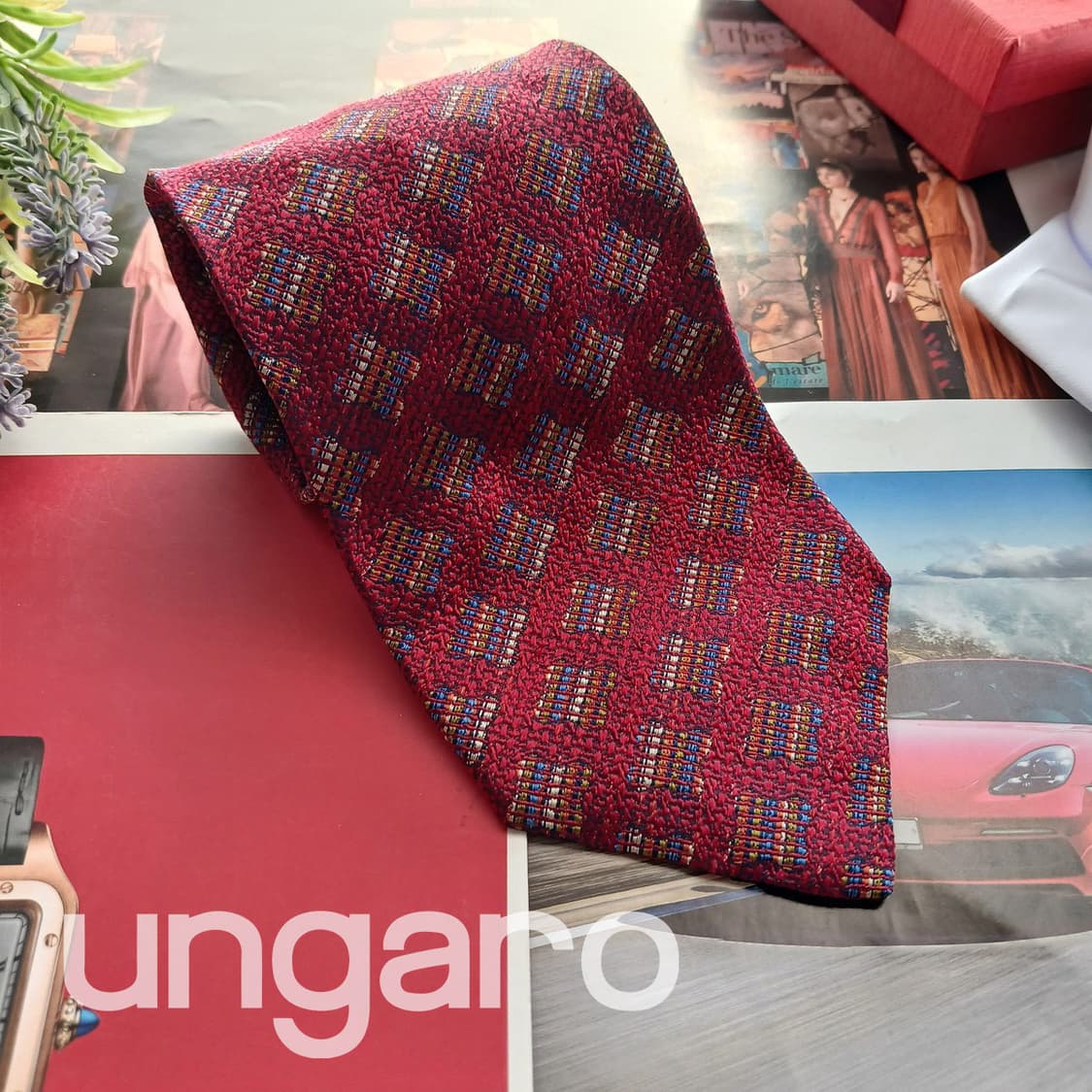 웅가로 실크 레드 지오메트릭 패턴 넥타이 9.6cm A+등급 A18562 상품이미지1