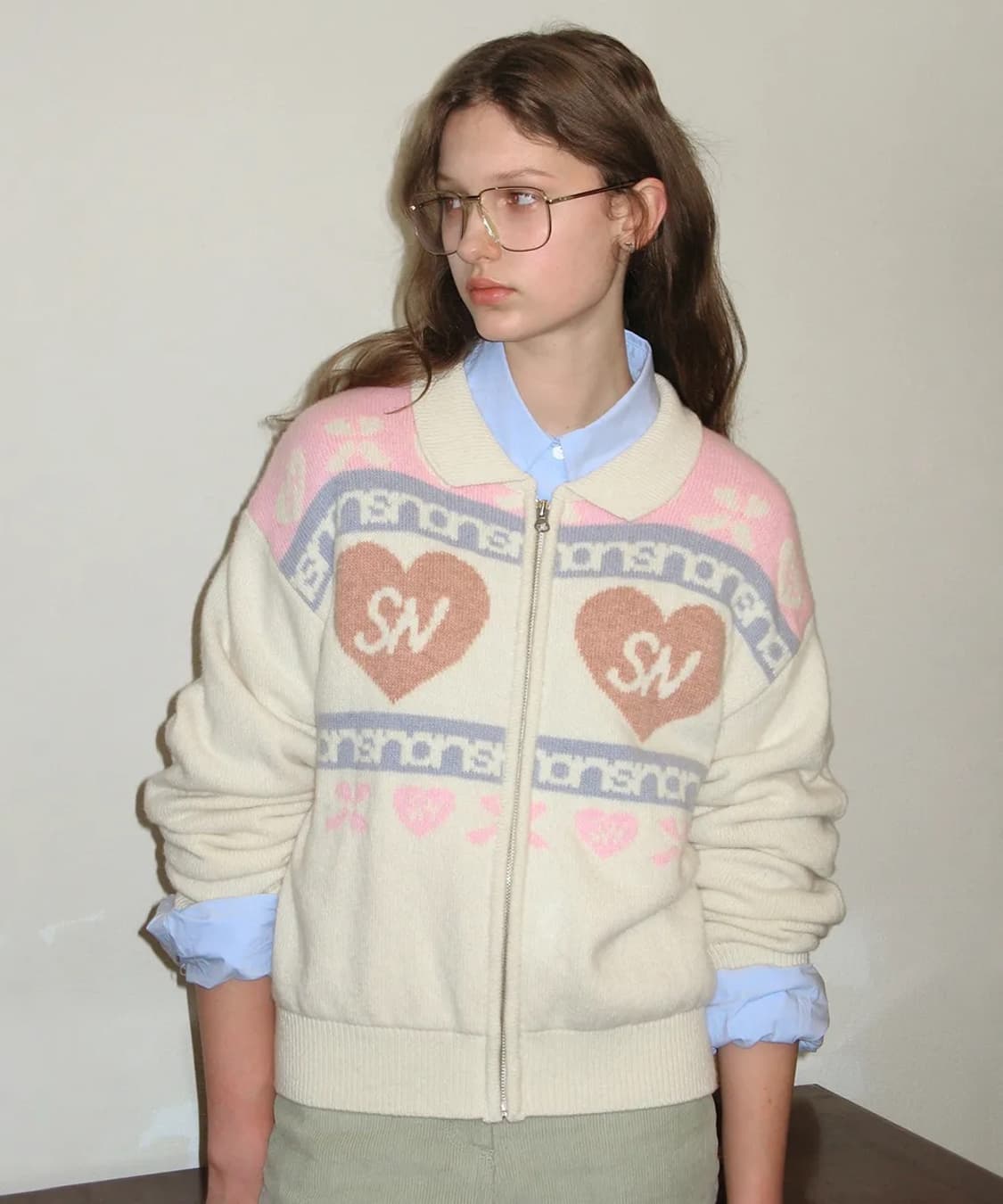 시눈 하트 로고 니트 집업 아이보리 상품이미지1