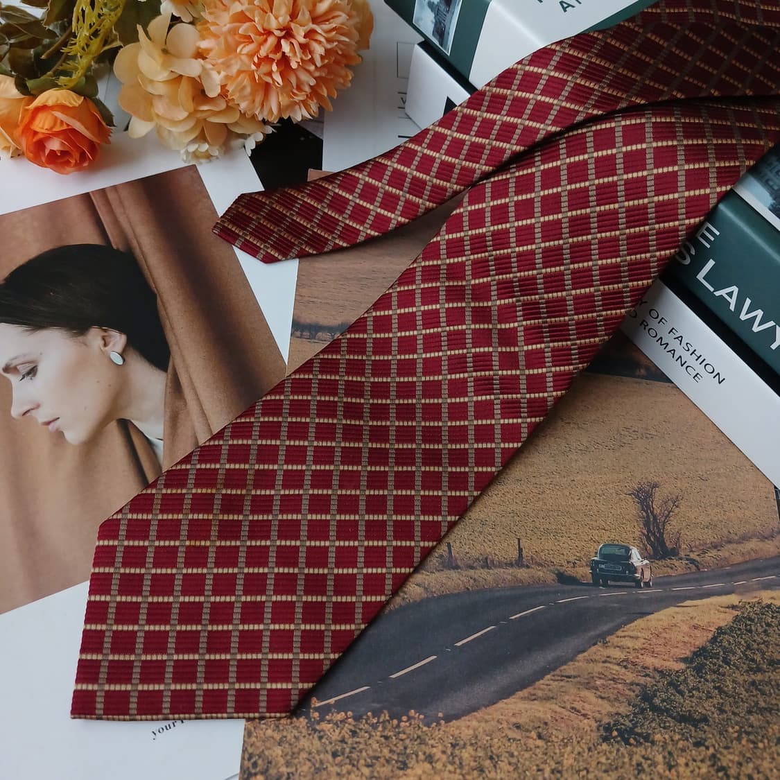 소니아 리키엘 실크 레드 체크 패턴 넥타이 9.5cm A+등급 E893 상품이미지5