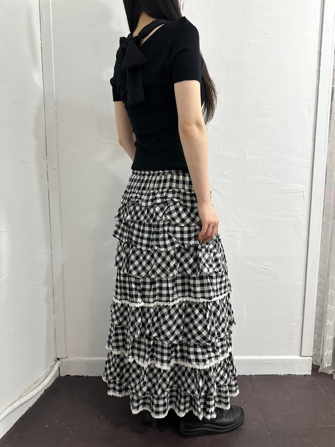 pink house check layered long skirt 상품이미지3