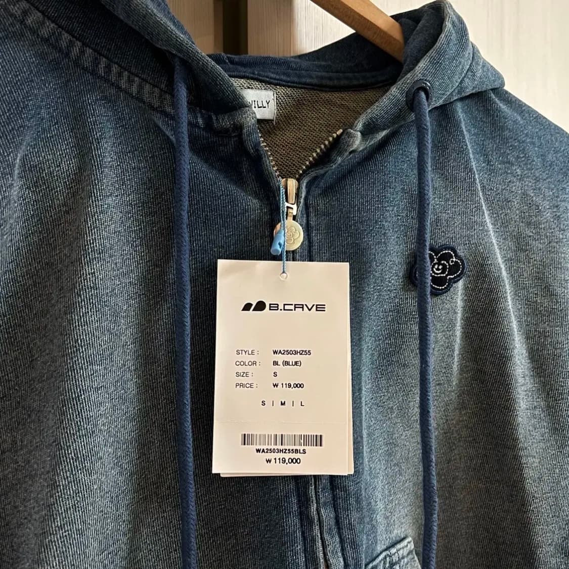 와키윌리 데님워싱 크롭 후드집업 블루 S 상품이미지3