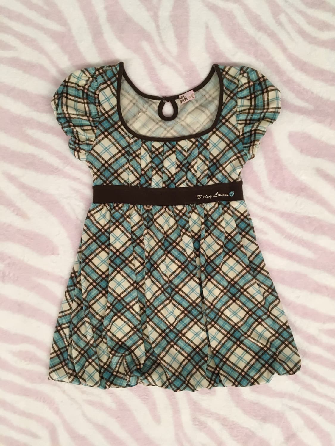 데이지러버즈 깅엄체크 벨벳 퍼프소매 탑 원피스 라떼갸루 헤이세이 상품이미지1