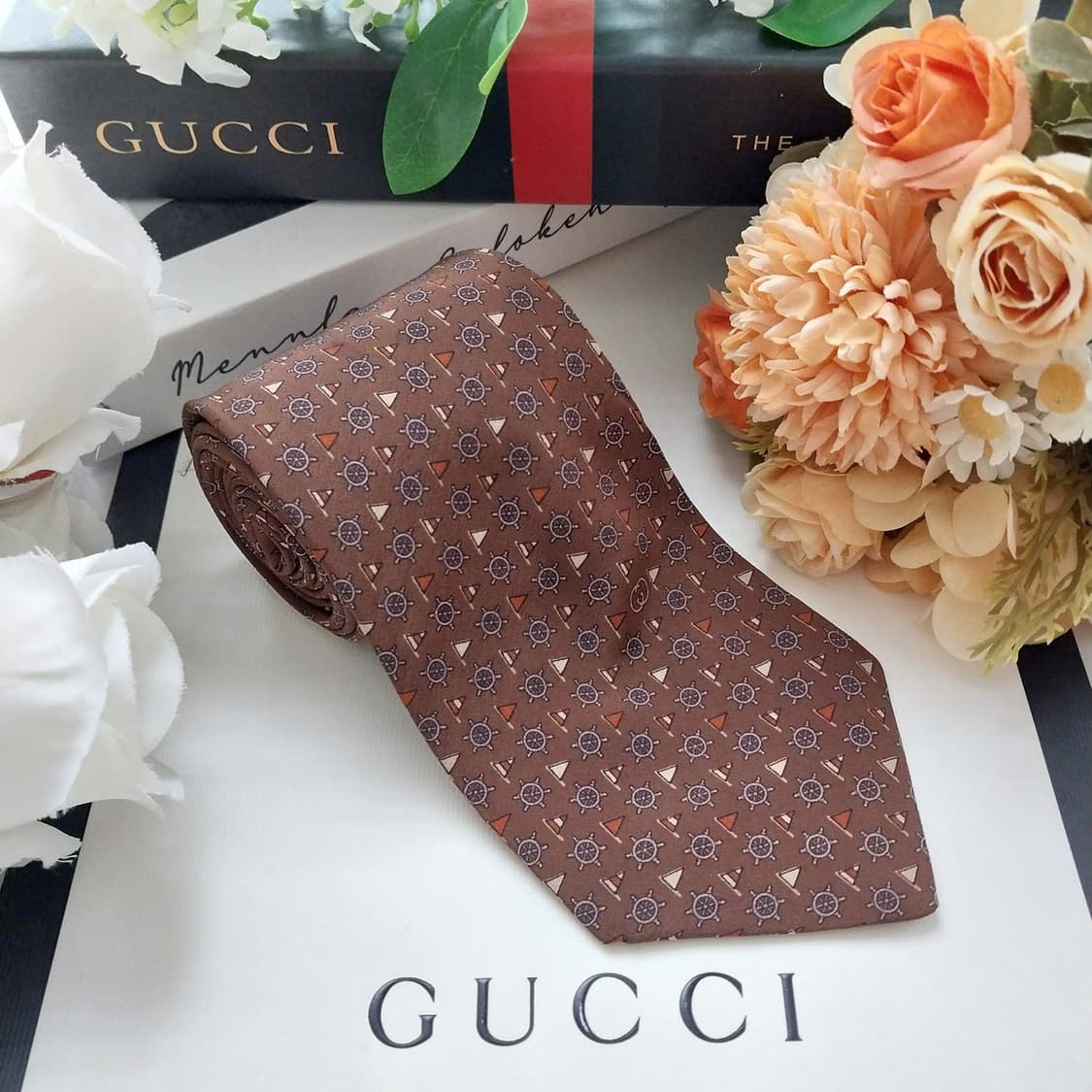 구찌 실크 브라운 마린 모티브 넥타이 8.9cm A+~A등급 K2088 상품이미지2