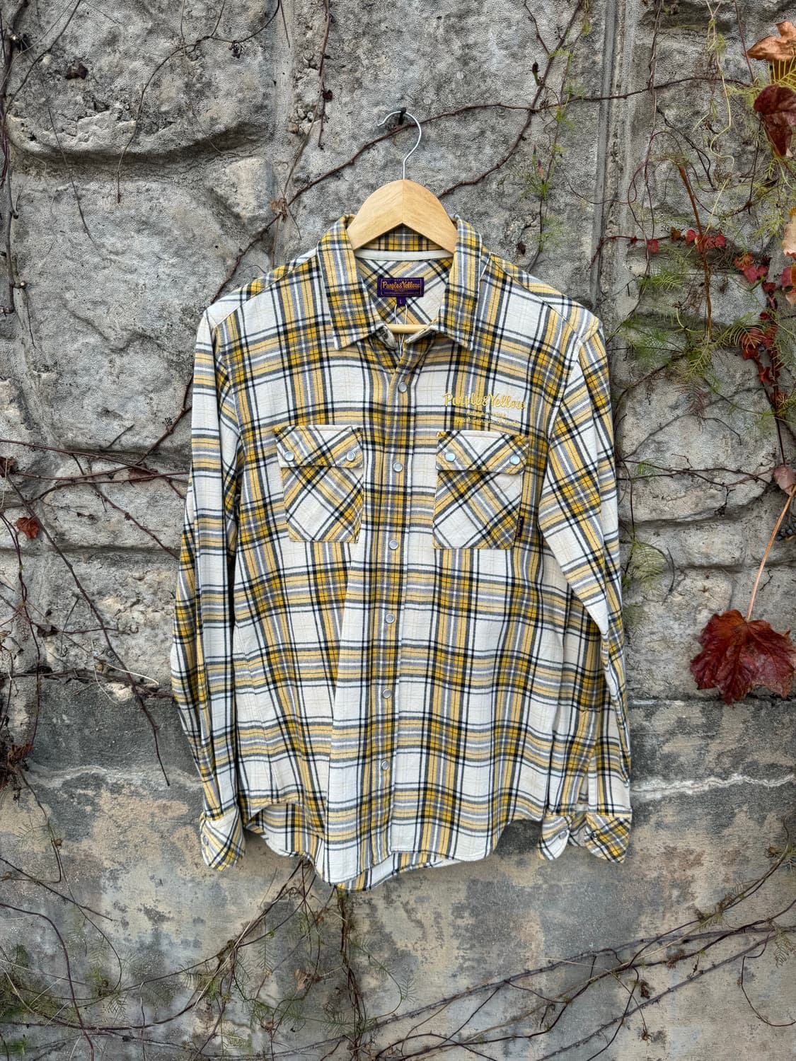 일본 빈티지 퍼플 앤 옐로우 체크 투포켓 플란넬 웨스턴 셔츠 상품이미지1