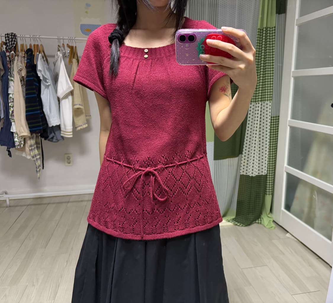 레드 반소매 니트 블라우스 상품이미지6