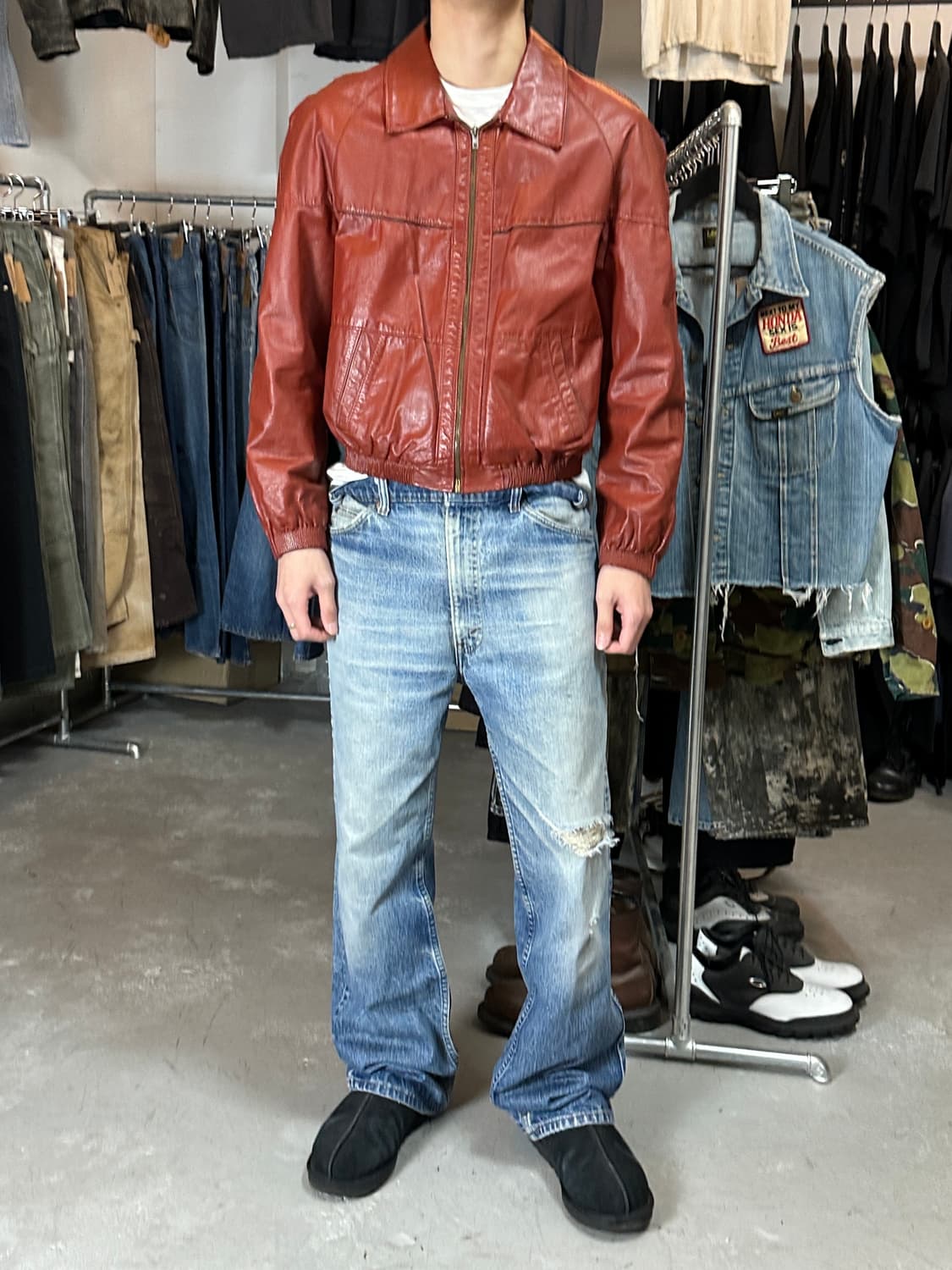 80's 빈티지 레더 자켓 오렌지 버건디 레더 봄버 아키라 상품이미지2
