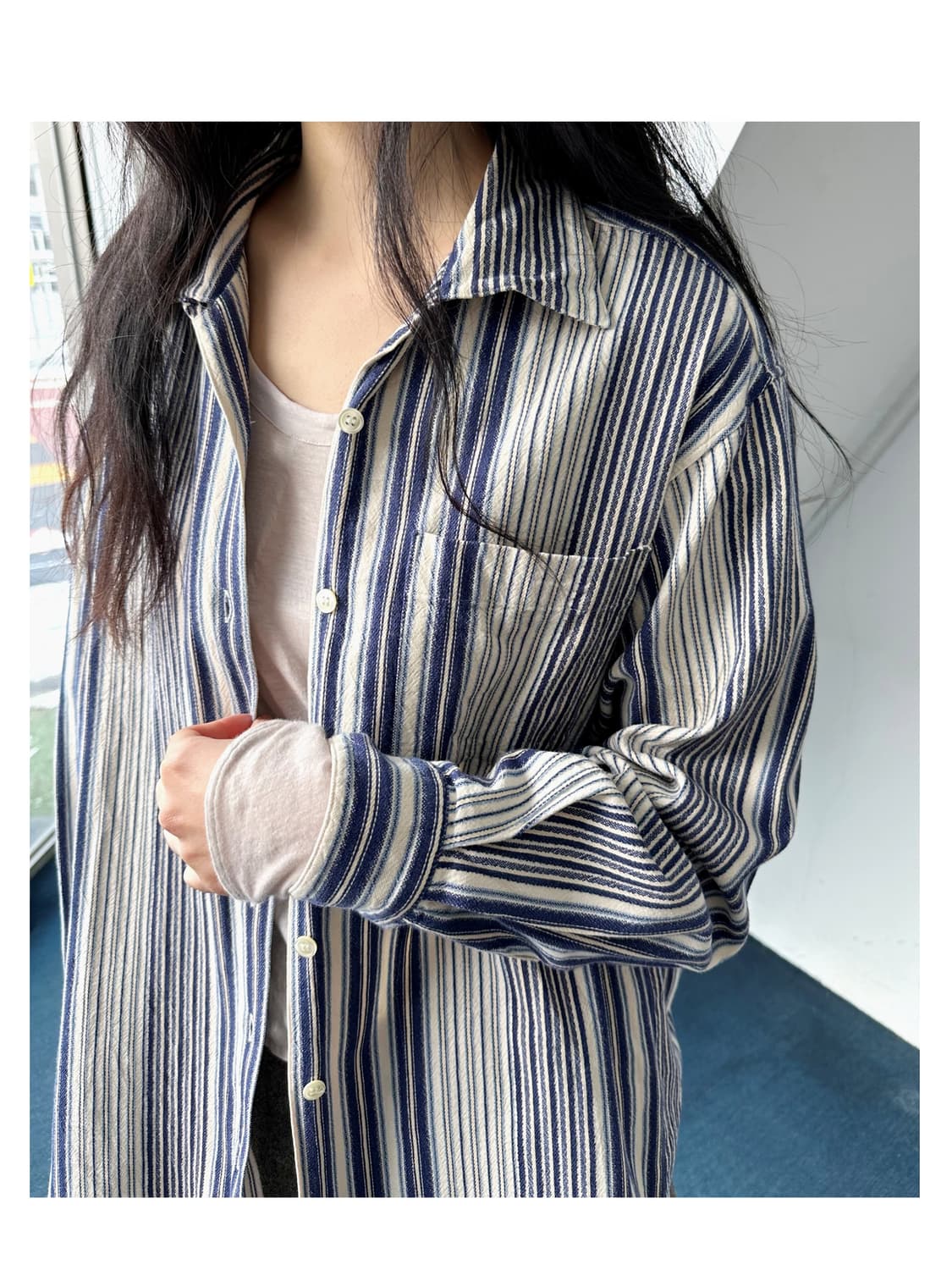 Cotton woven stripe open collar shirt 상품이미지1