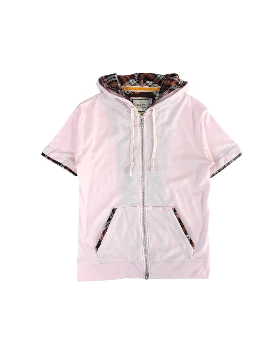 Japanvintage 핑크 체크 반팔 후드집업 m 상품이미지1