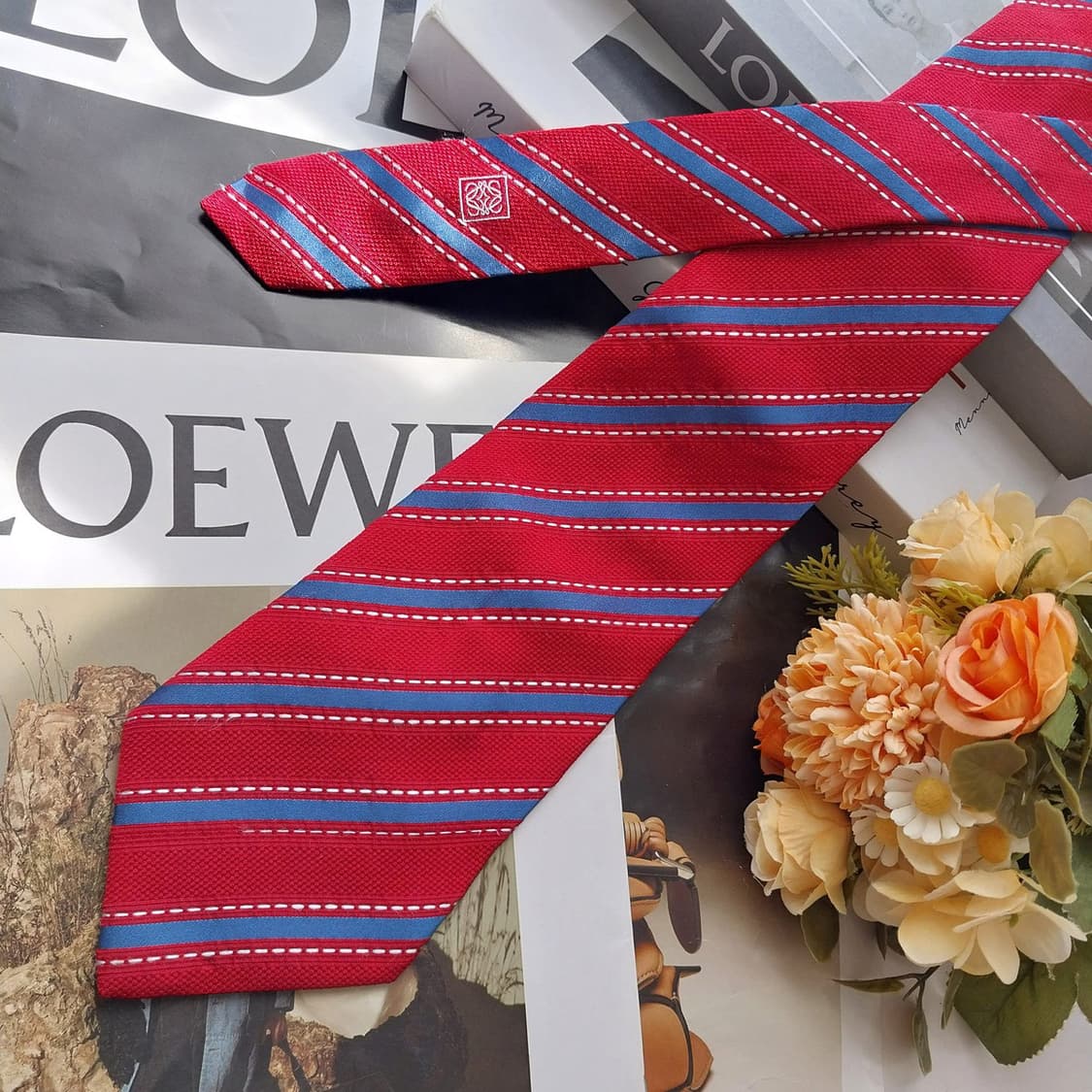 로에베 실크 레드 스트라이프 넥타이 9.5cm B등급 K2523 상품이미지2