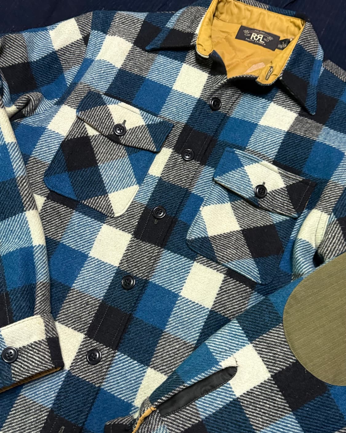 R.R.L 엘보우 패치 퀼티드 라인 울 체크 오버셔츠 자켓 S 상품이미지3