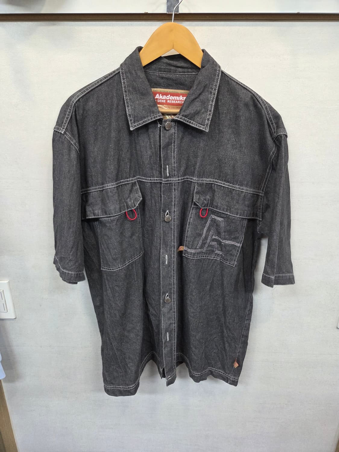 아카데믹스 00s 빈티지 자수로고 그레이 데님셔츠 반팔 xl 상품이미지1