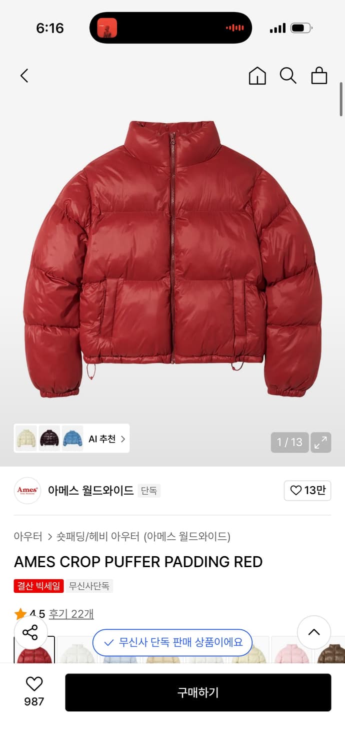 아메스 월드와이드 크롭 패딩 레드 상품이미지1