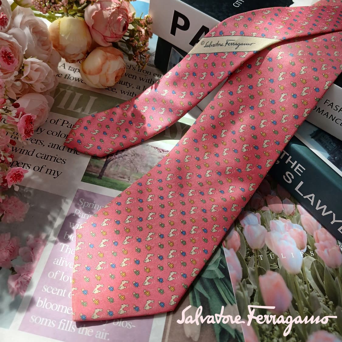 살바토레 페라가모 토끼와 거북이 모티브 넥타이 8.5cm B등급 E955 상품이미지2