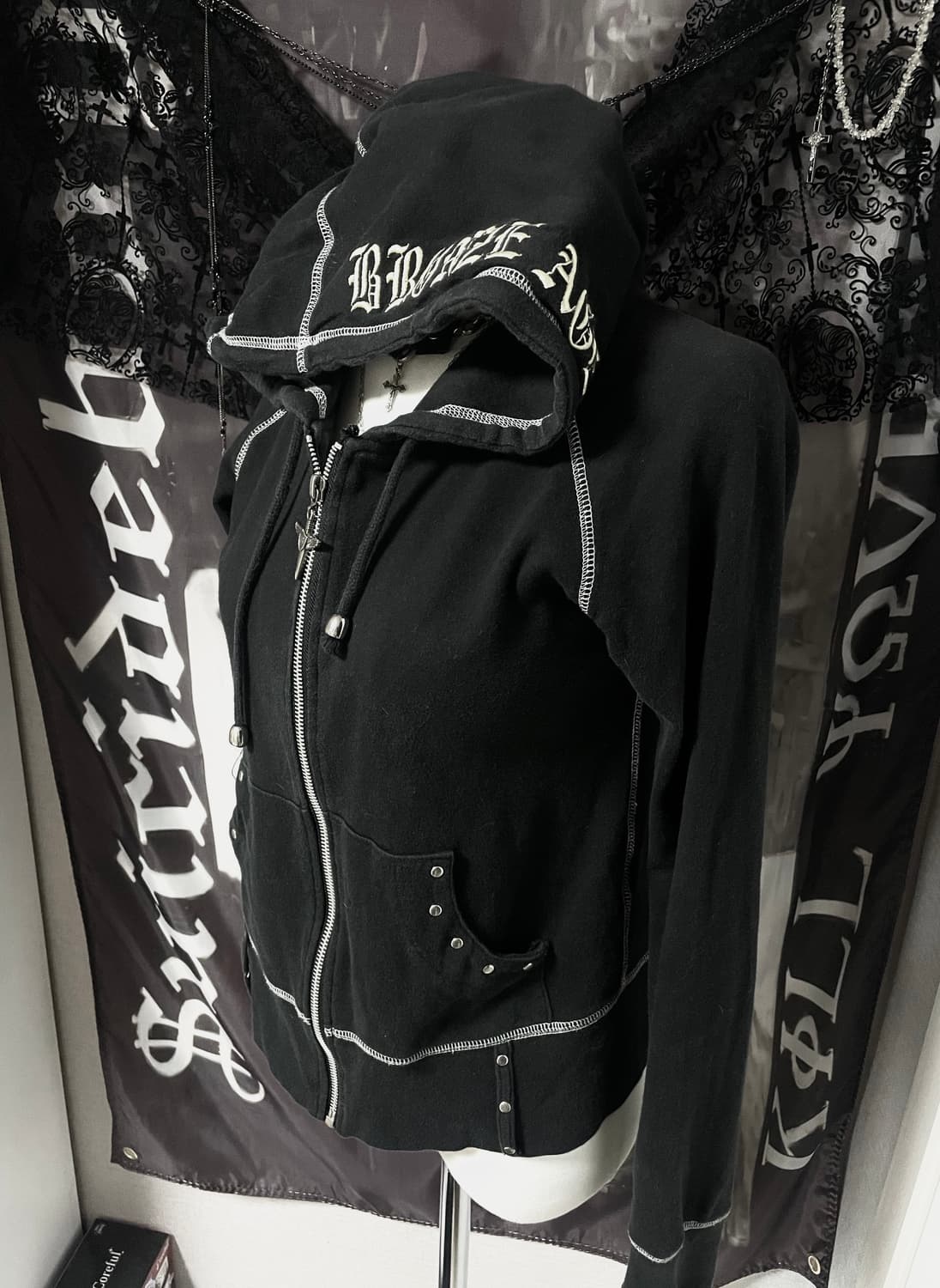 00s Vkei Cross hoodie 스터드십자가슬림후드집업핀터크롬깔 상품이미지2