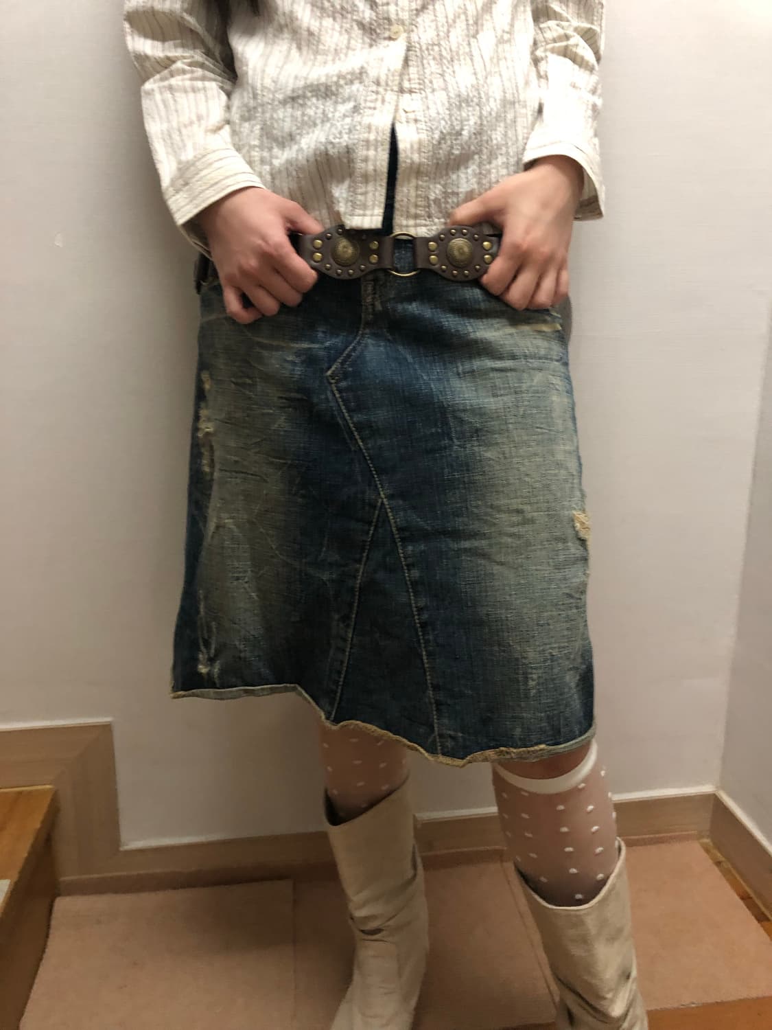 빈티지 데님 워싱 미디 스커트 상품이미지6