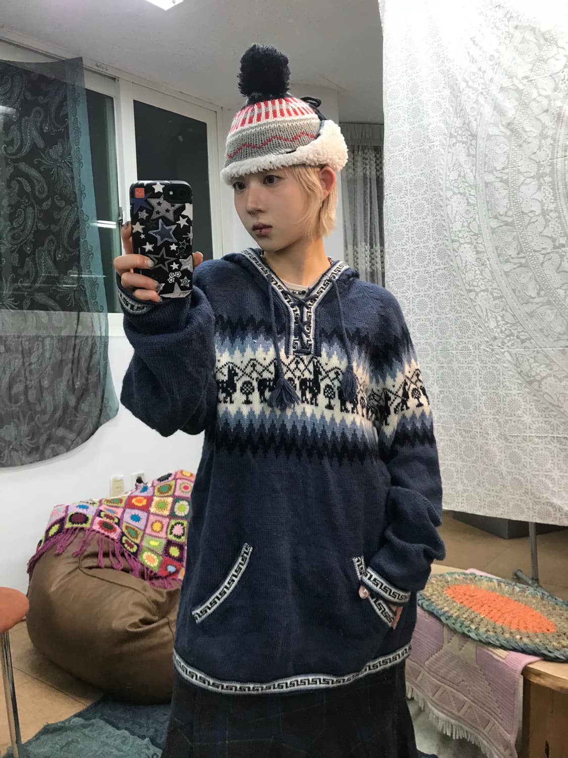 에스닉 패턴 니트 후드티  상품이미지1