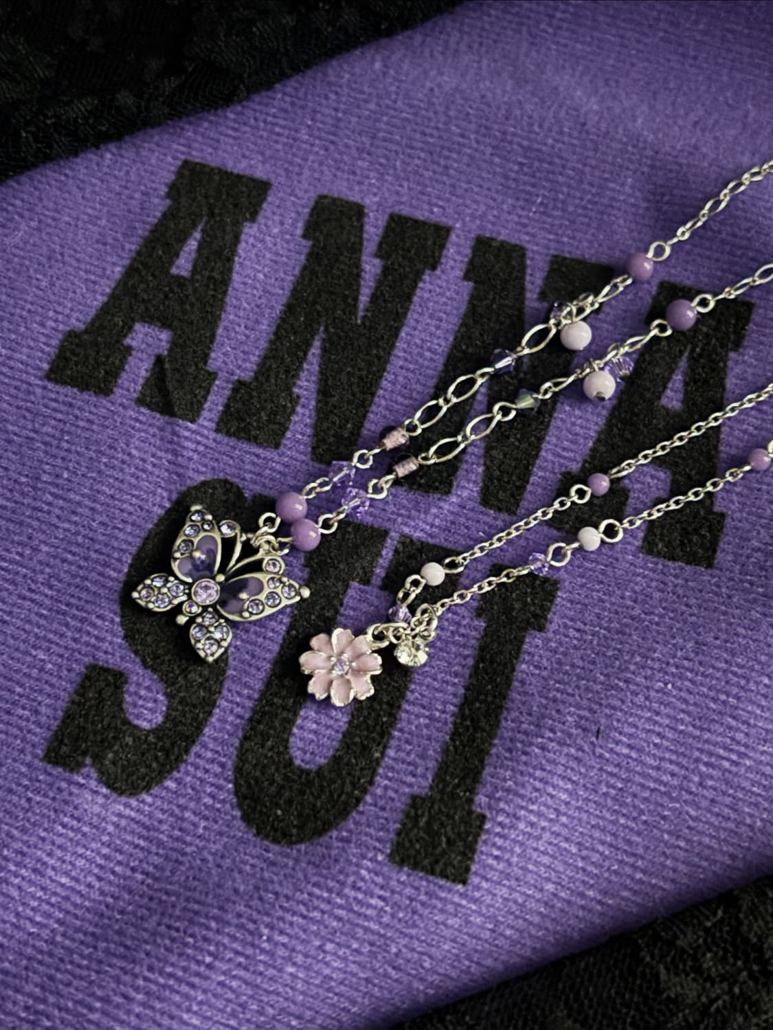 Anna Sui 퍼플 플라워 이중 레이어드 목걸이 상품이미지3