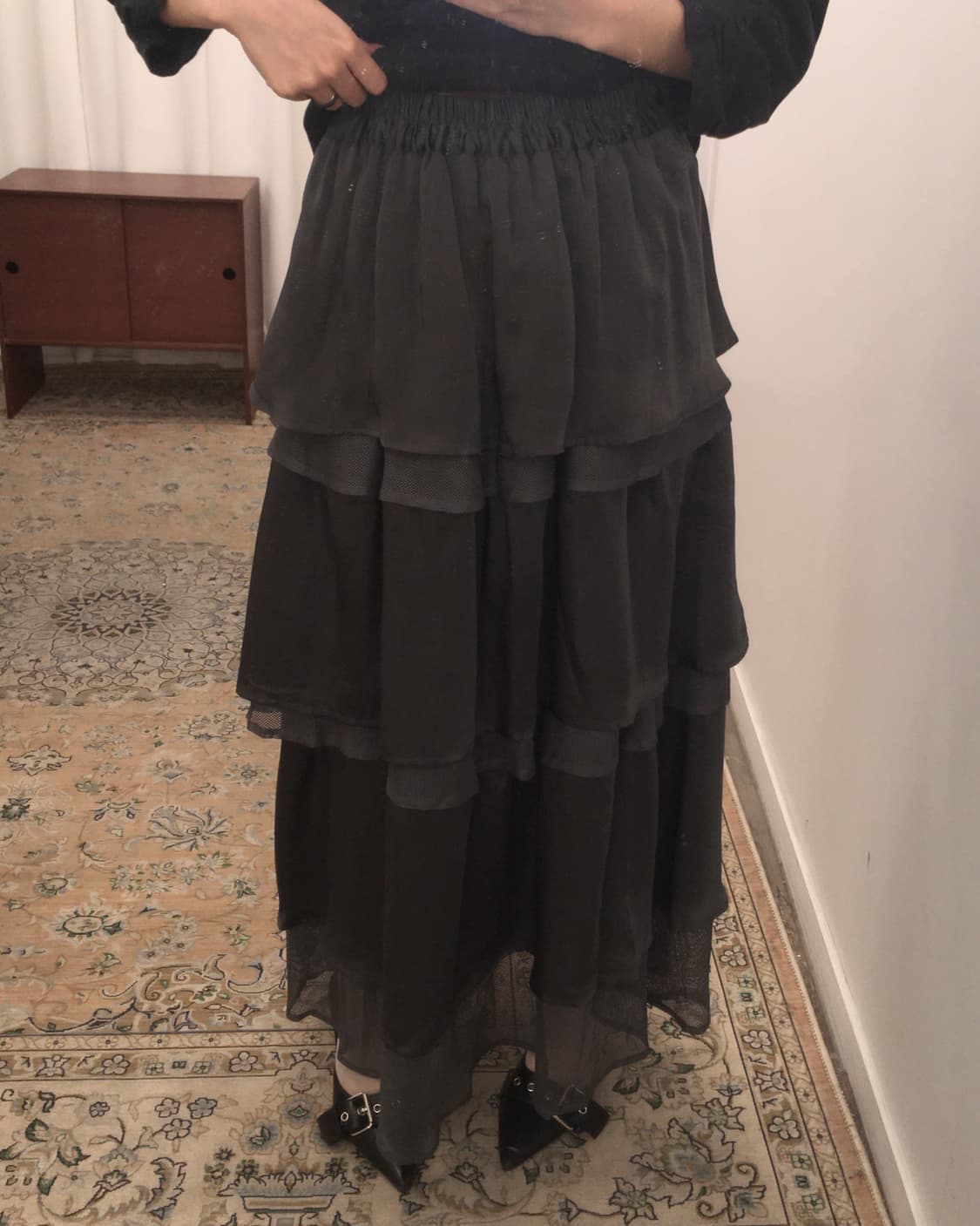 블랙 투톤 캉캉 롱스커트 상품이미지1