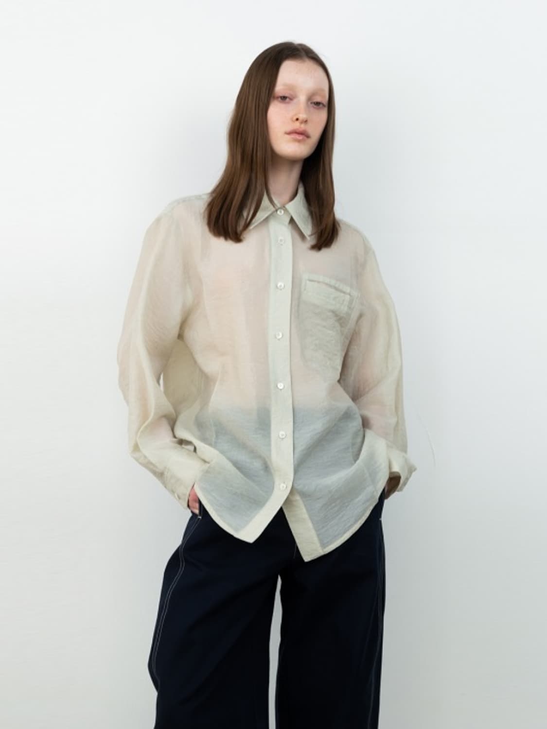 레이스 See-Through Pocket Shirt_Light Khaki 상품이미지1