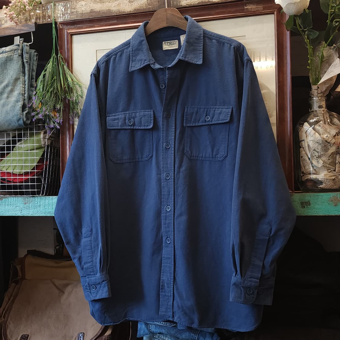 90s 엘엘빈 워크셔츠 헤비코튼 투포켓 샤모아 셔츠 오크 페이딩 블루 L 상품이미지2