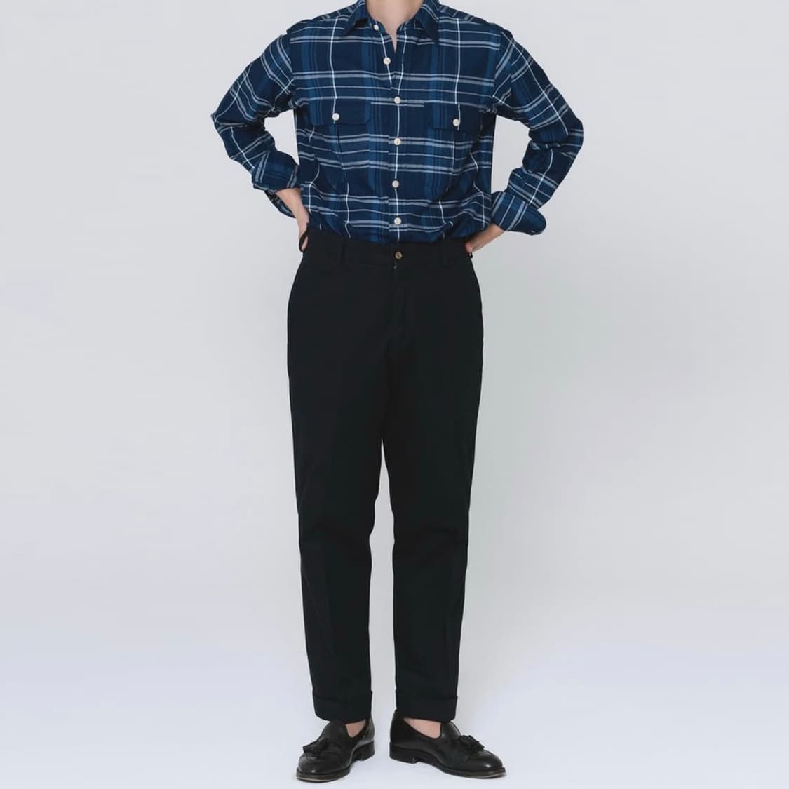 (새제품/L) 드레익스 블루 체크 코튼 롱포인트 워크 셔츠 drakes 상품이미지4