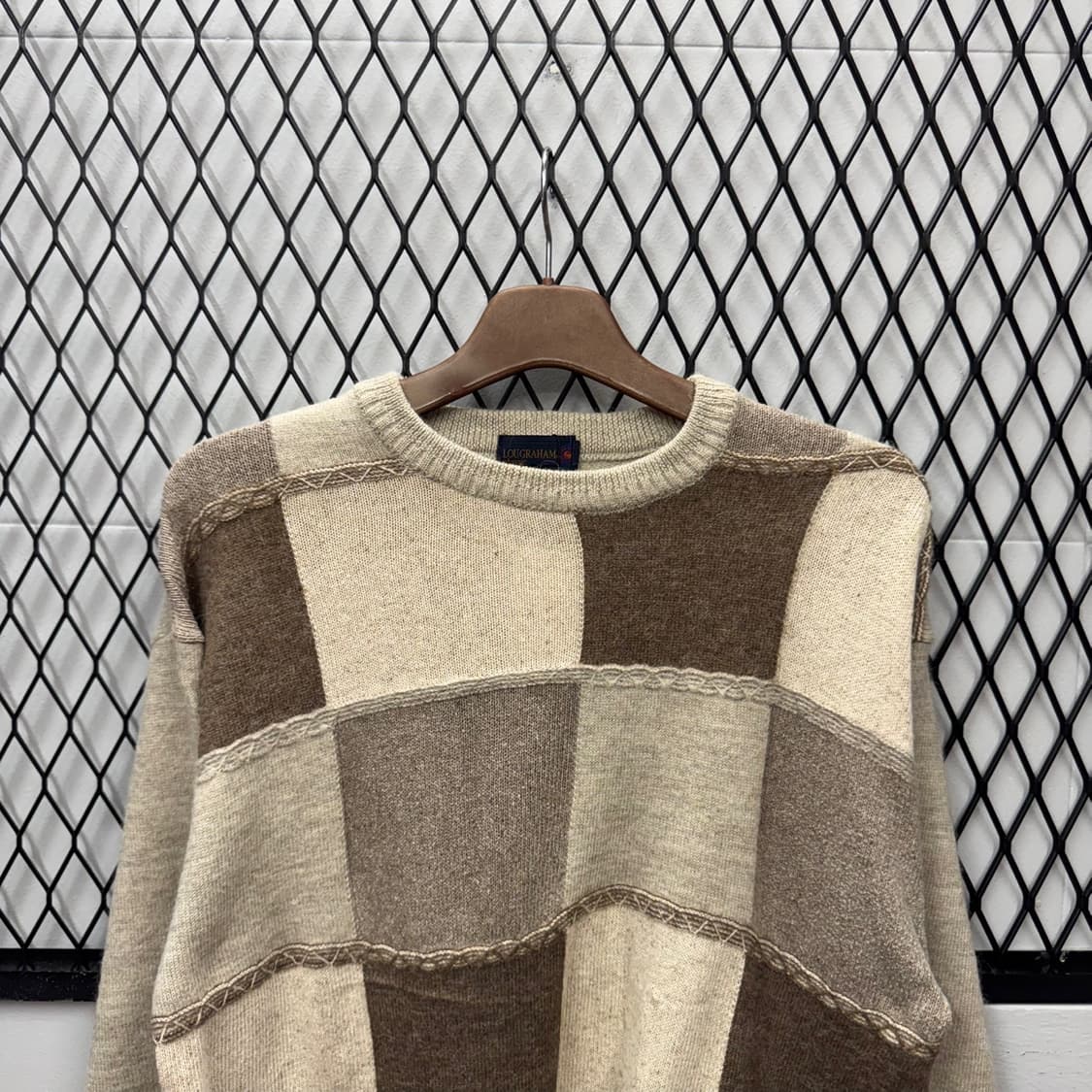 JPN VTG 블록패턴 울 니트 가디건 자수 디테일 아이보리 상품이미지3