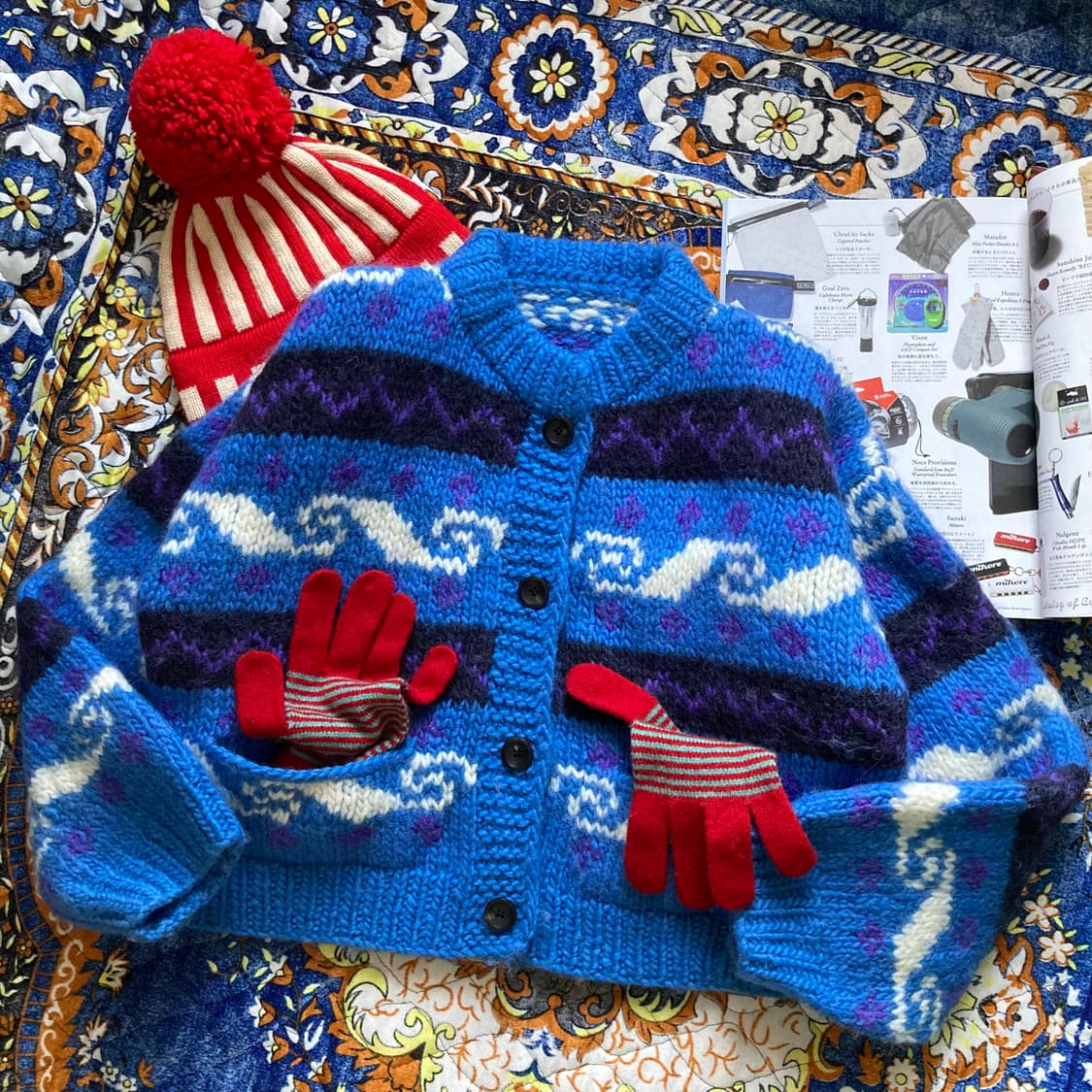 오버핏 나바호 파도 패턴 울 헤비니트 크롭 스웨터 버튼 가디건 상품이미지1