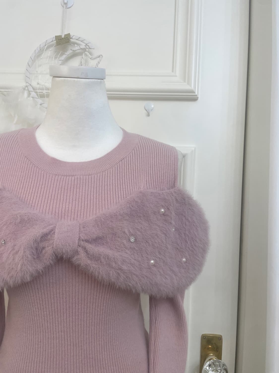 powder pink bow fur shoulder lovely knit 상품이미지6