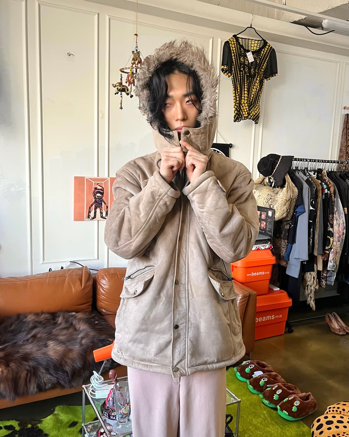 90-00s AMORE PURO Fur Hood Suede Coat 상품이미지2