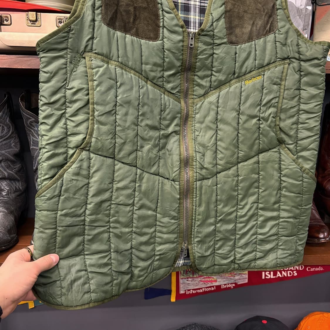 90s 바버 아웃도어 라이너 퀼팅 베스트 스웨이드 패치 헌팅포켓 N514 상품이미지4