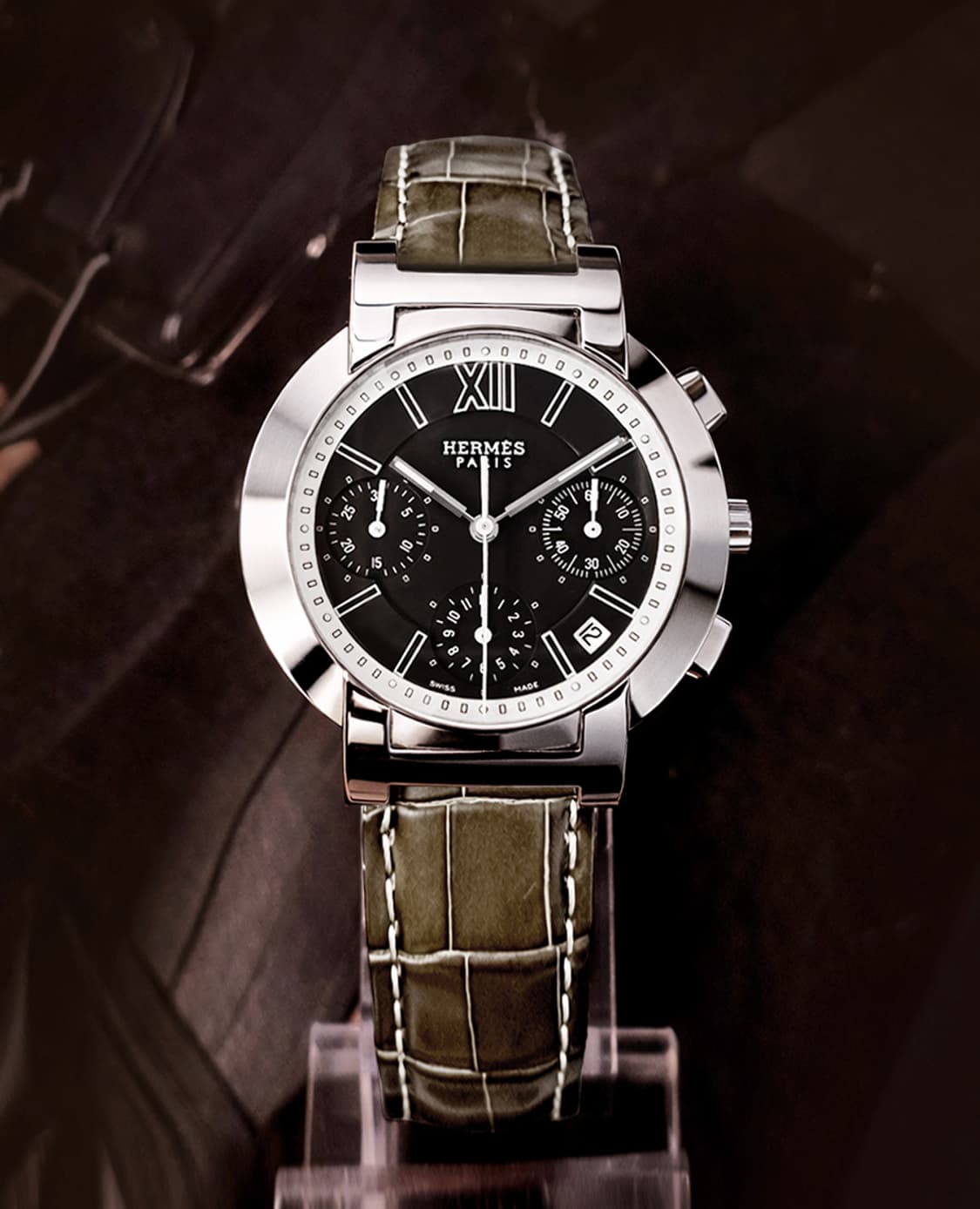 에르메스 노마드 희귀 블랙판 남성용 크로노 그래프 악어가죽 시계 상품이미지1