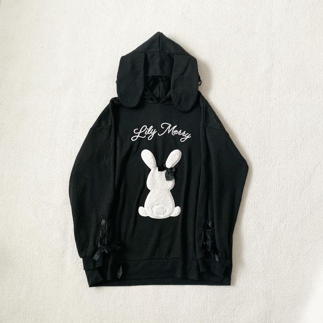 블랙 우사미미 리본 레이스업 후드 원피스 상품이미지3