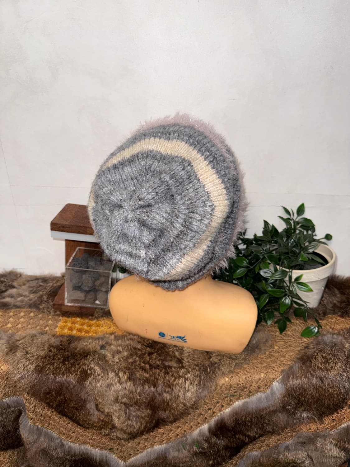 Pink gray glitter stripe loose beanie  상품이미지3