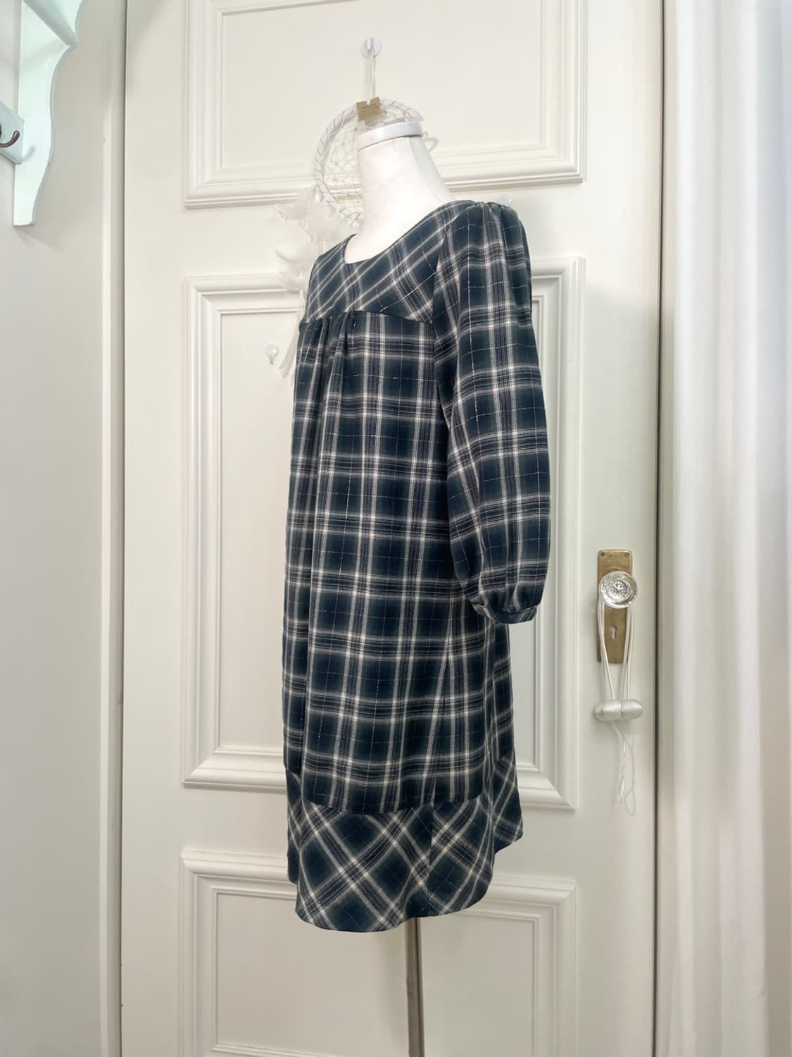 EARTH navy glitter check puff shirring m 상품이미지3