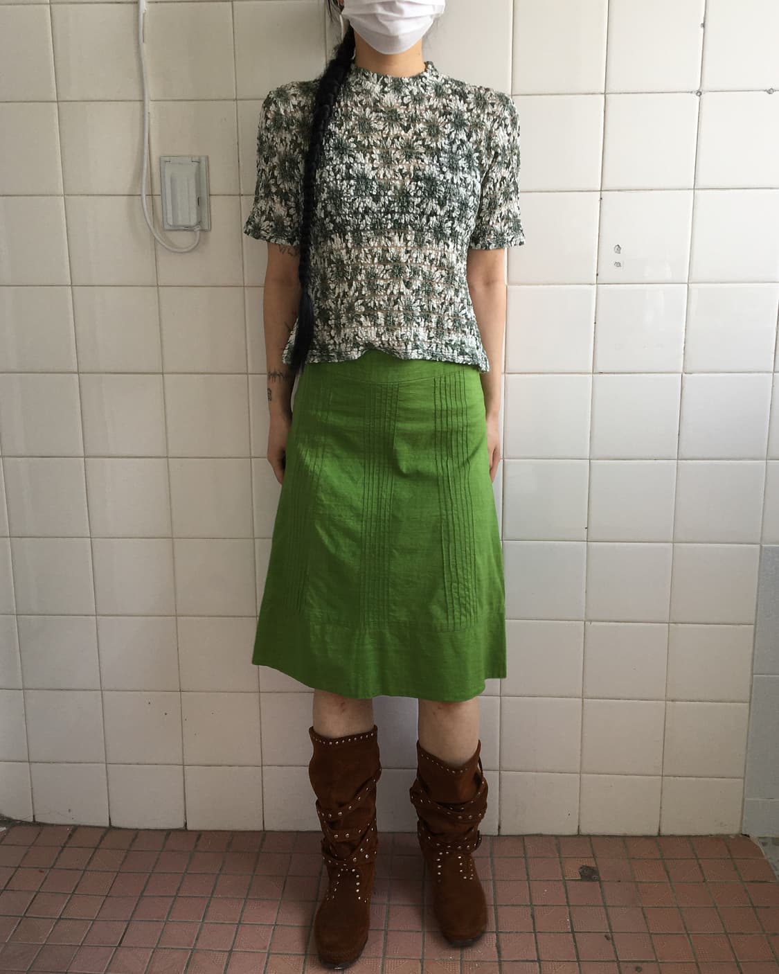 Flower pattern shirring pleats high neck 상품이미지7