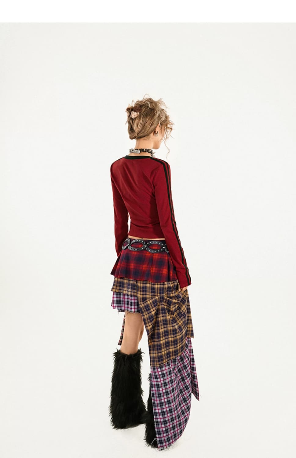 y2k 레드 V넥 긴팔 티셔츠 + 체크 스커트 상품이미지6