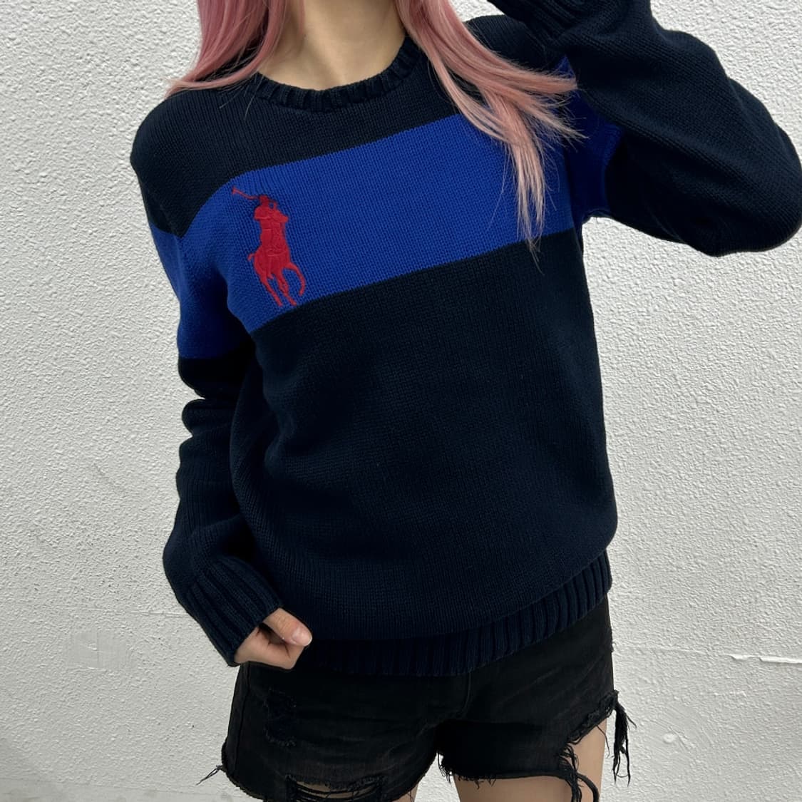 폴로 랄프로렌 레드 빅포니 네이비 배색 블랙 니트 XL 상품이미지1