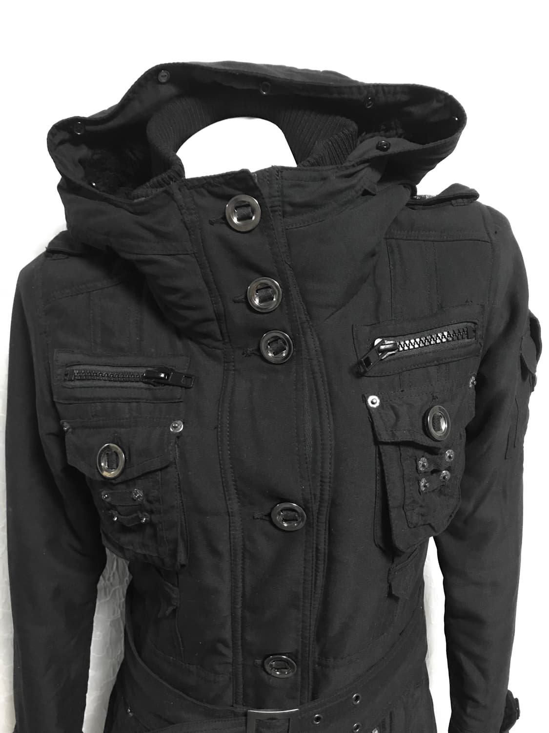 빈티지 펑크 벨트 디테일 후드 버튼 자켓 상품이미지3