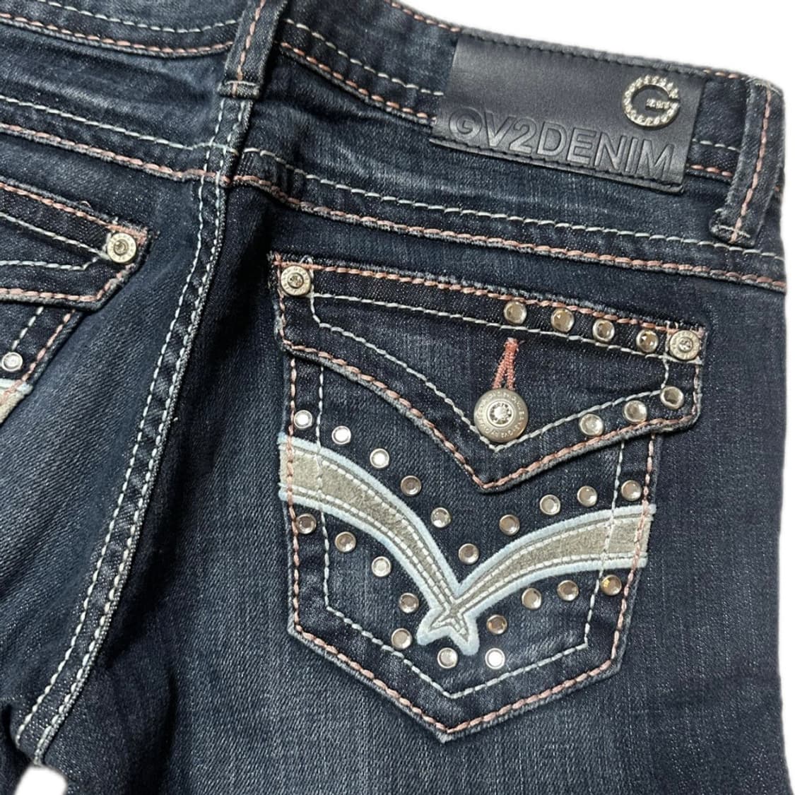 Vtg Y2k 오네갸루 핑크 큐빅 진청 로우 세미 부츠컷 상품이미지3