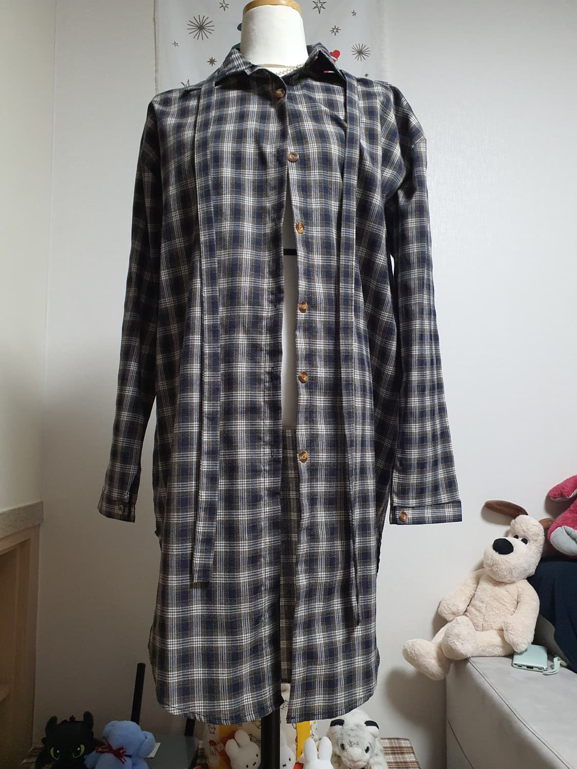 [빈티지] 네이비 체크 롱 셔츠 벨트 세트 상품이미지2