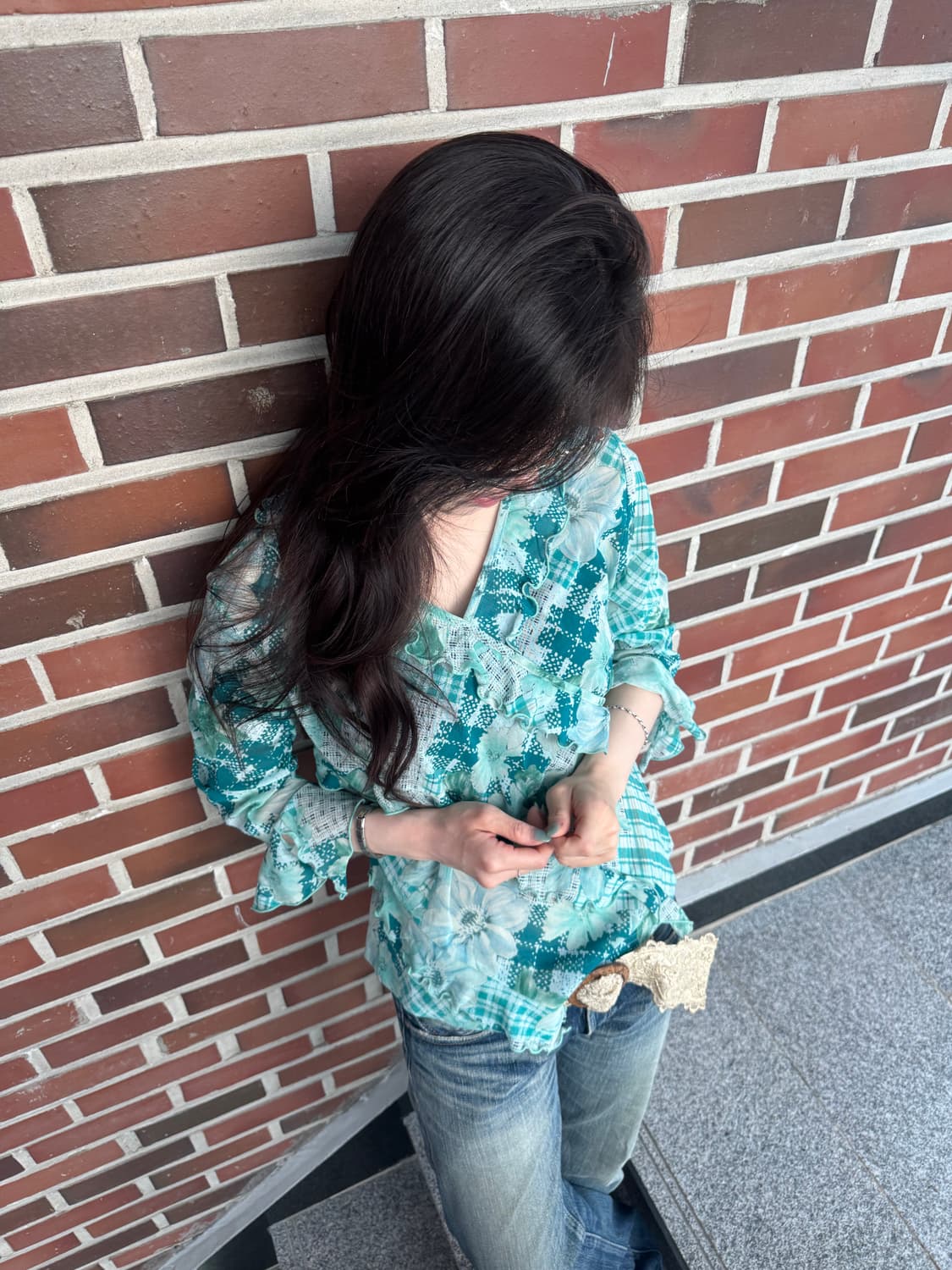 오리엔탈 민트 플라워 블라우스 상품이미지2