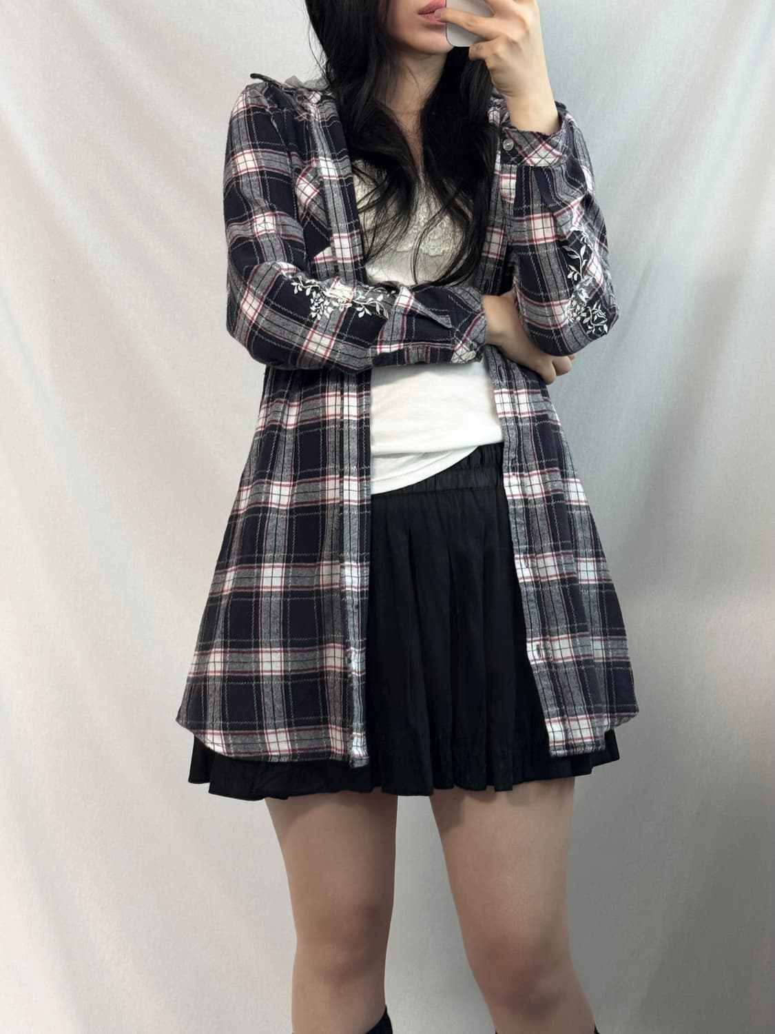 플라워 자수 슬리브 후드 셔츠 원피스 상품이미지5