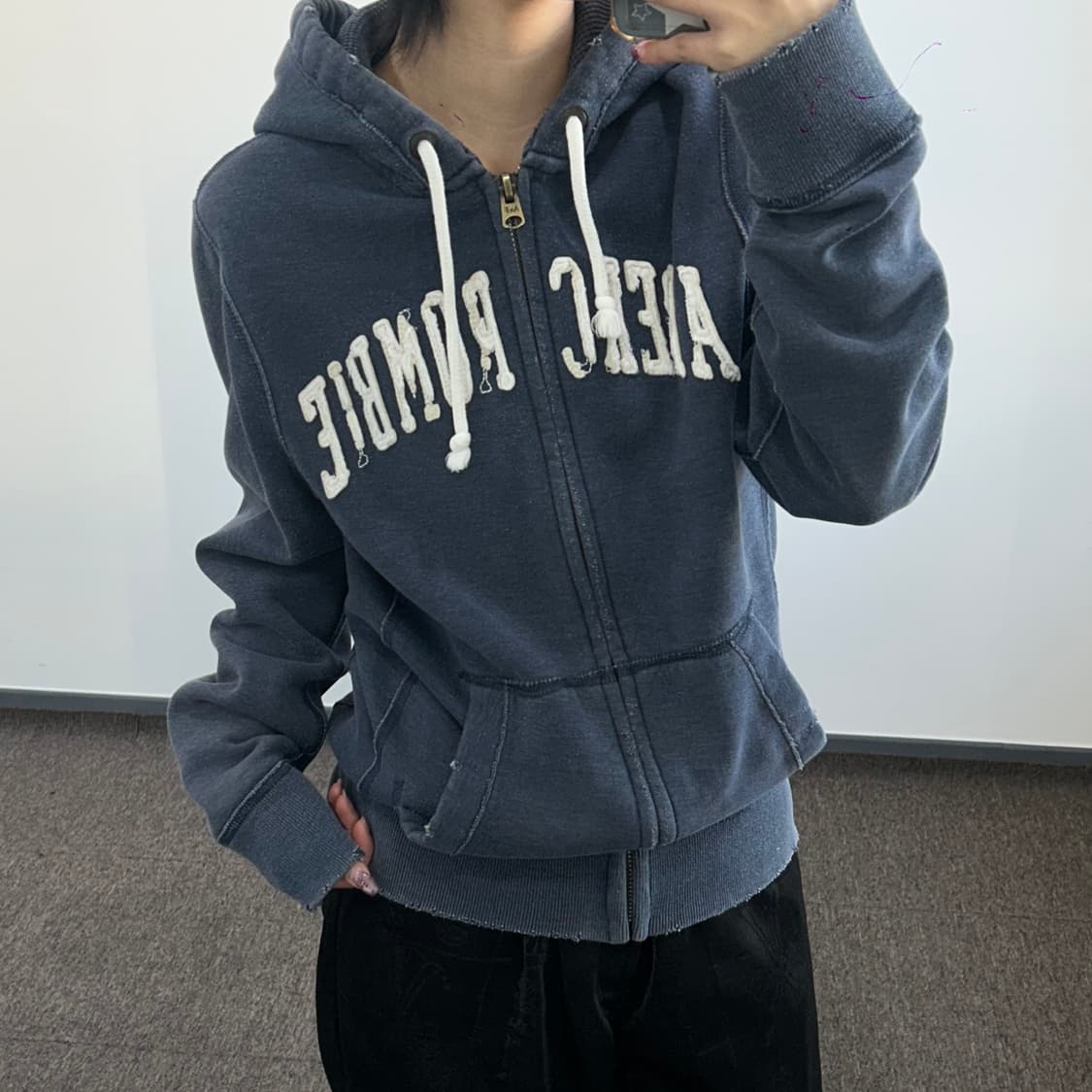 Abercrombie 아베크롬비 아이보리 그런지 로고 네이비 후드집업   상품이미지2