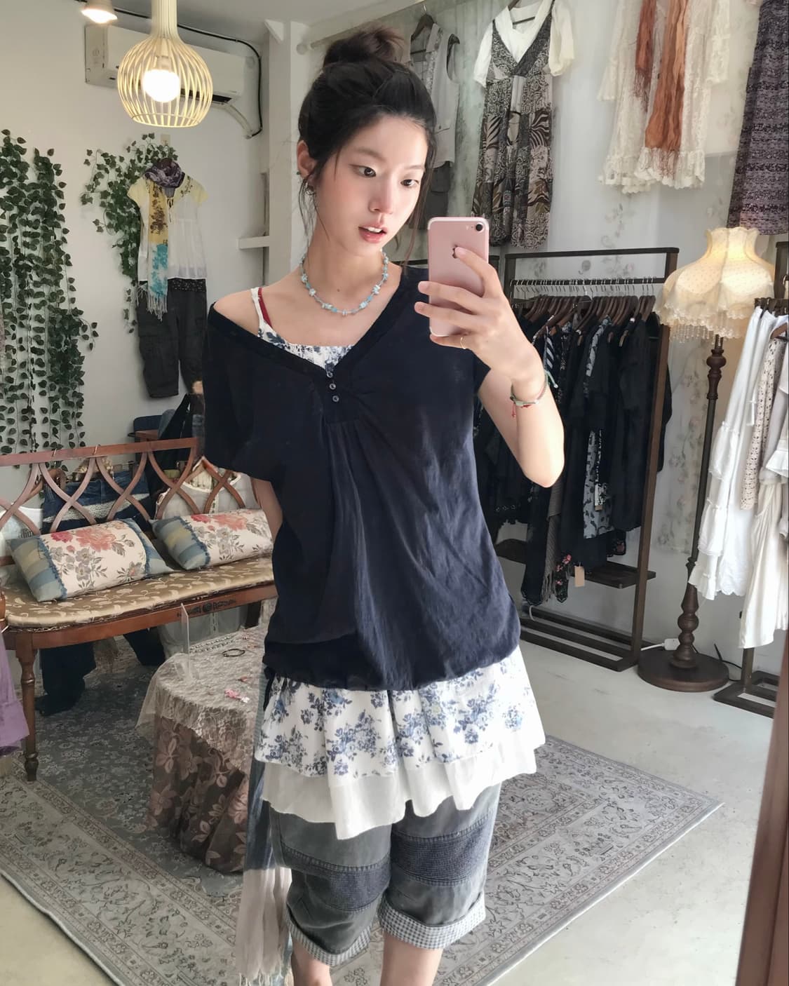 빈티지 데일리 무채색 블루 하구미 데님 카프리 코디 세트 상품이미지4